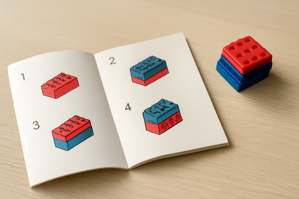 An open instruction booklet beside a pile of bricks